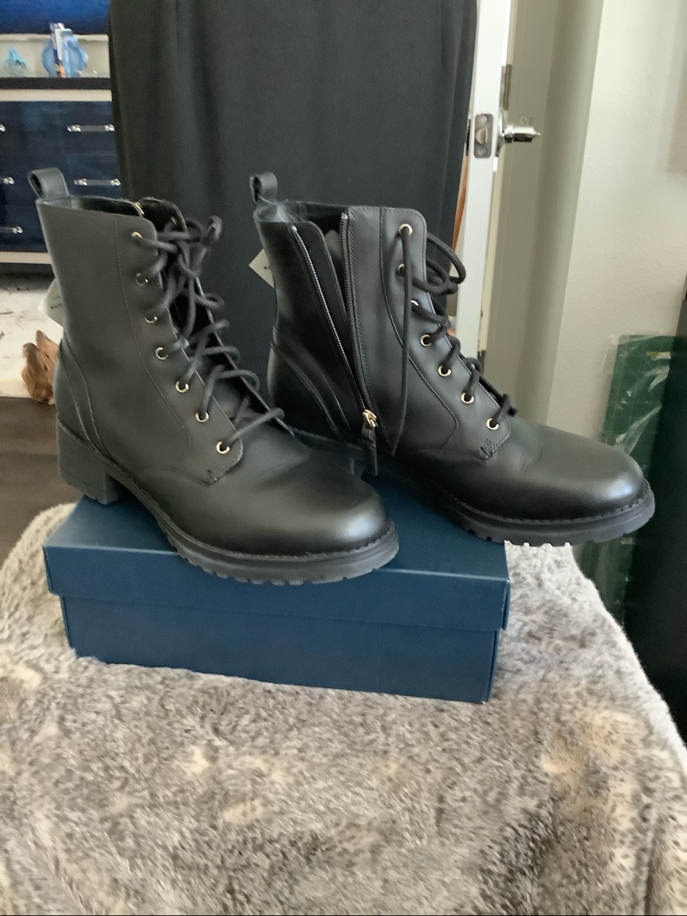 Cole Haan Black Leather Waterproof Lace-Up Combat Boots